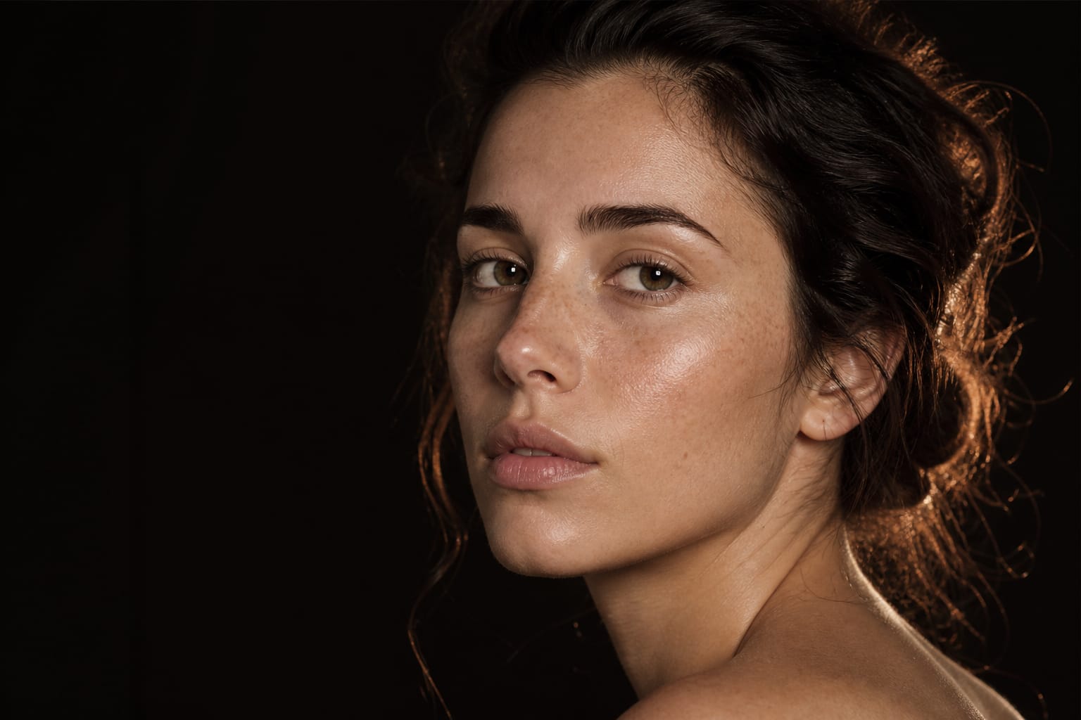 Wide editorial portrait in warm light — the whole-face read behind the Aura Score