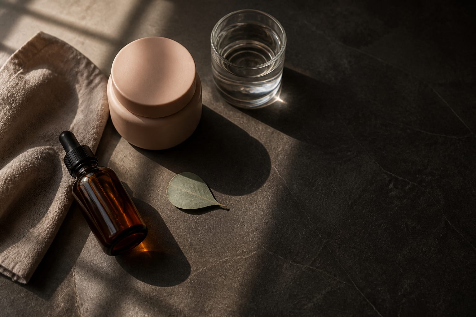 Skincare bottles and jars arranged in warm, low light